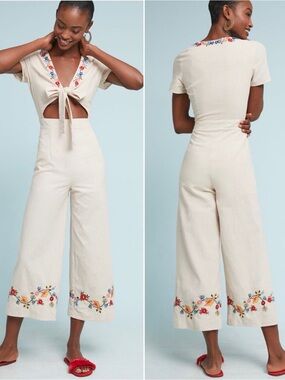 Anthropologie Cream Embroidered Tie-Front Jumpsuit with Multicolor Floral Trim